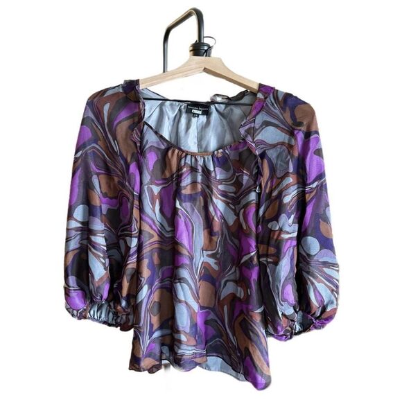 Nanette Lepore Ruffle Printed Silk BlousePurple Multi/Eggplant Multi